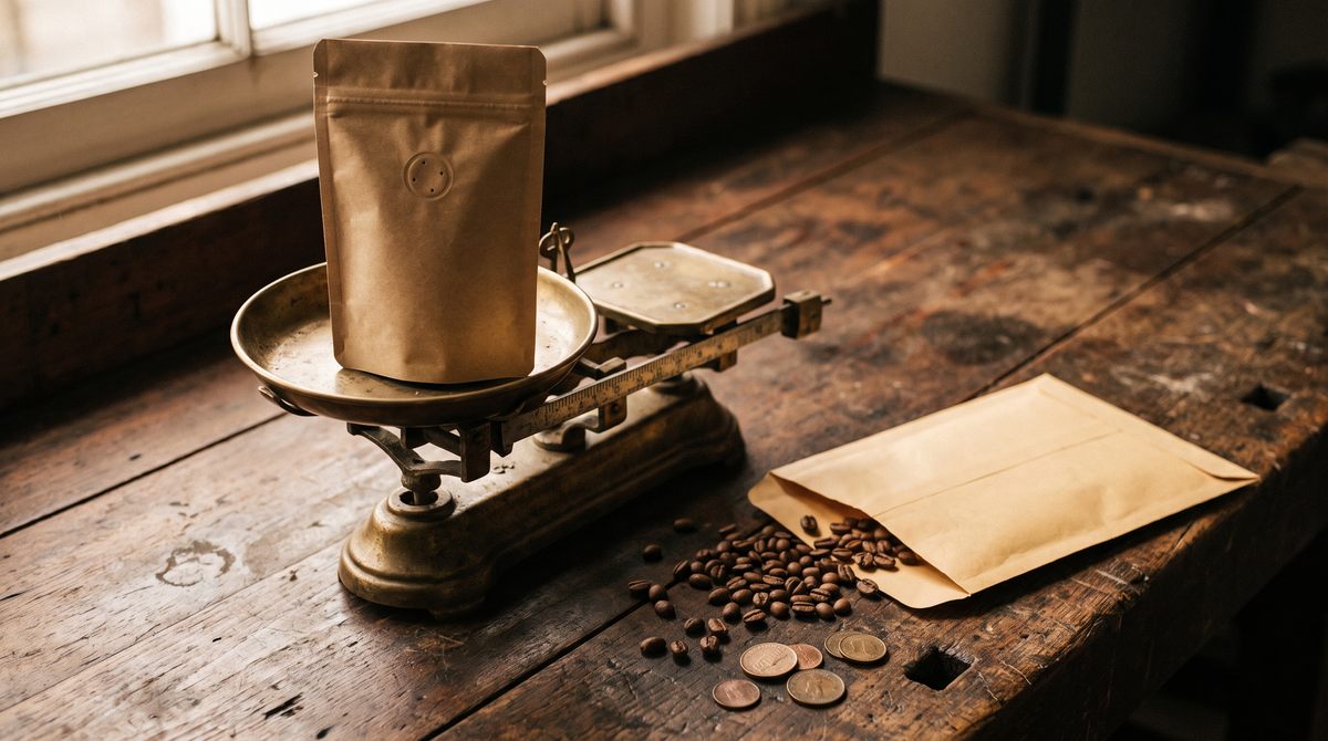 A plain unprinted kraft coffee pouch standing on the brass pan of an old balance scale on a dark workbench, with loose roasted beans and coins beside it