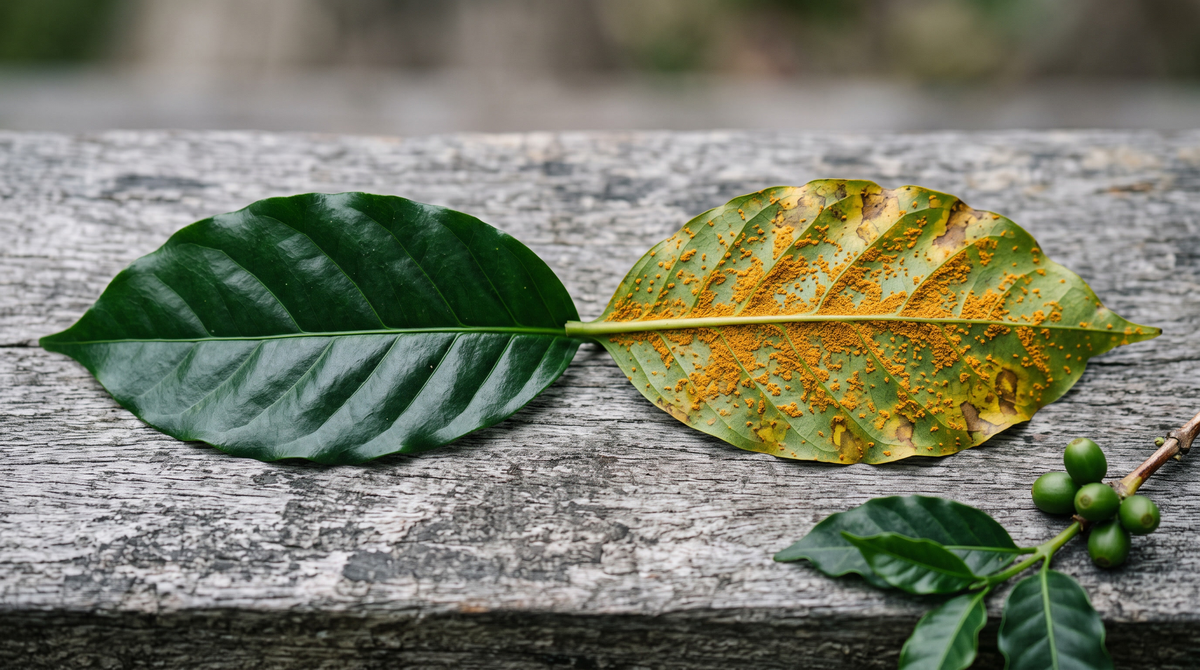 Two arabica coffee leaves side by side on weathered grey wood, one glossy and unblemished, the other speckled with orange leaf-rust pustules