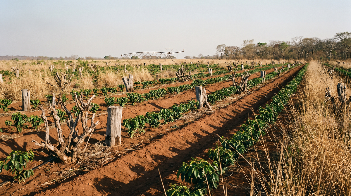 Rows of young coffee seedlings planted in red earth between the grey stumps of an older abandoned coffee planting, with dry woodland on the horizon