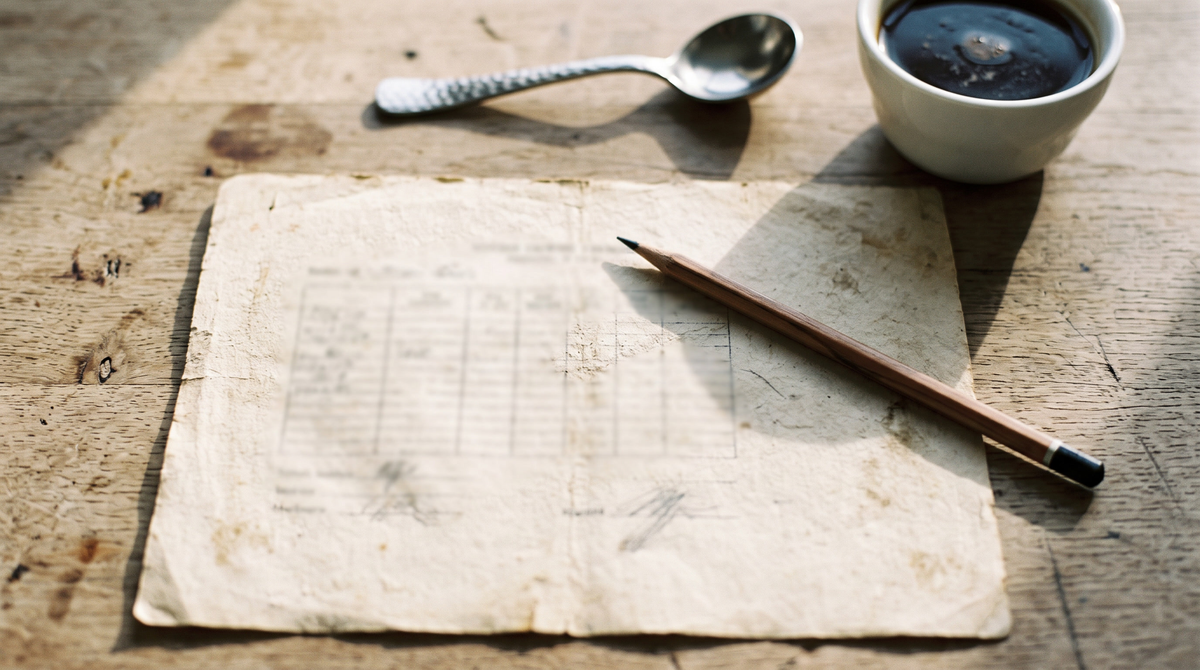 An old cream paper form lying face up on a pale bench, its ruled boxes and pencil marks out of focus, with a pencil laid across it beside a cupping spoon and bowl